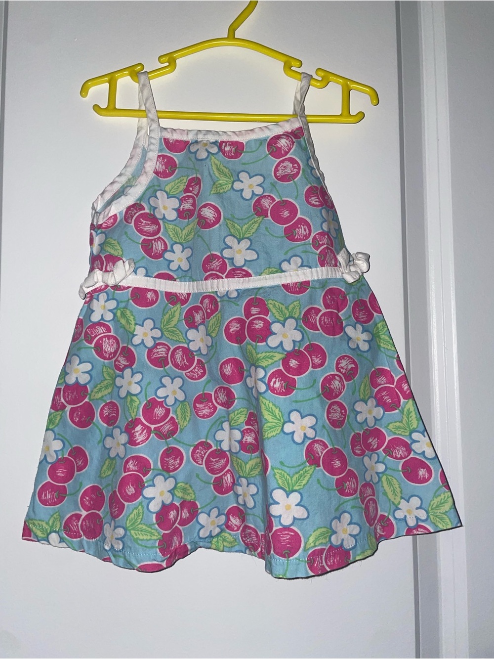 Girls' Blue Cherry Print Sundress with White Trim